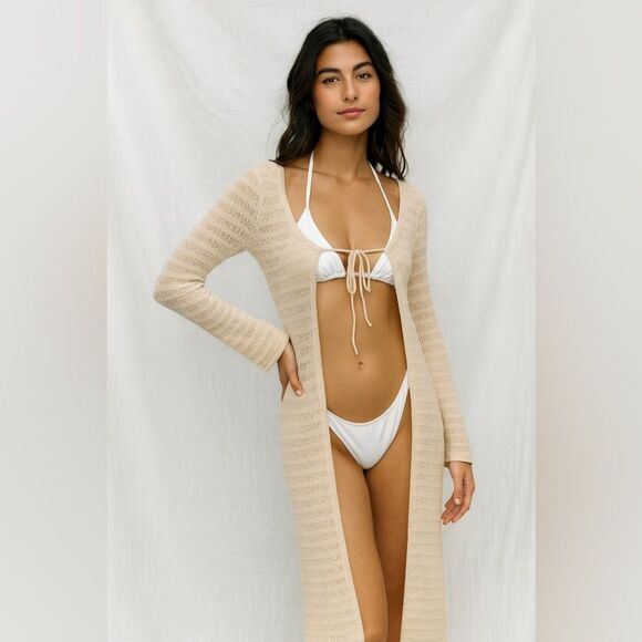 NWT BP. BEIGE CROCHET KNIT LONG SLEEVE CARDIGAN BOHO COVERUP WOMENS SIZE XS - Picture 1 of 8